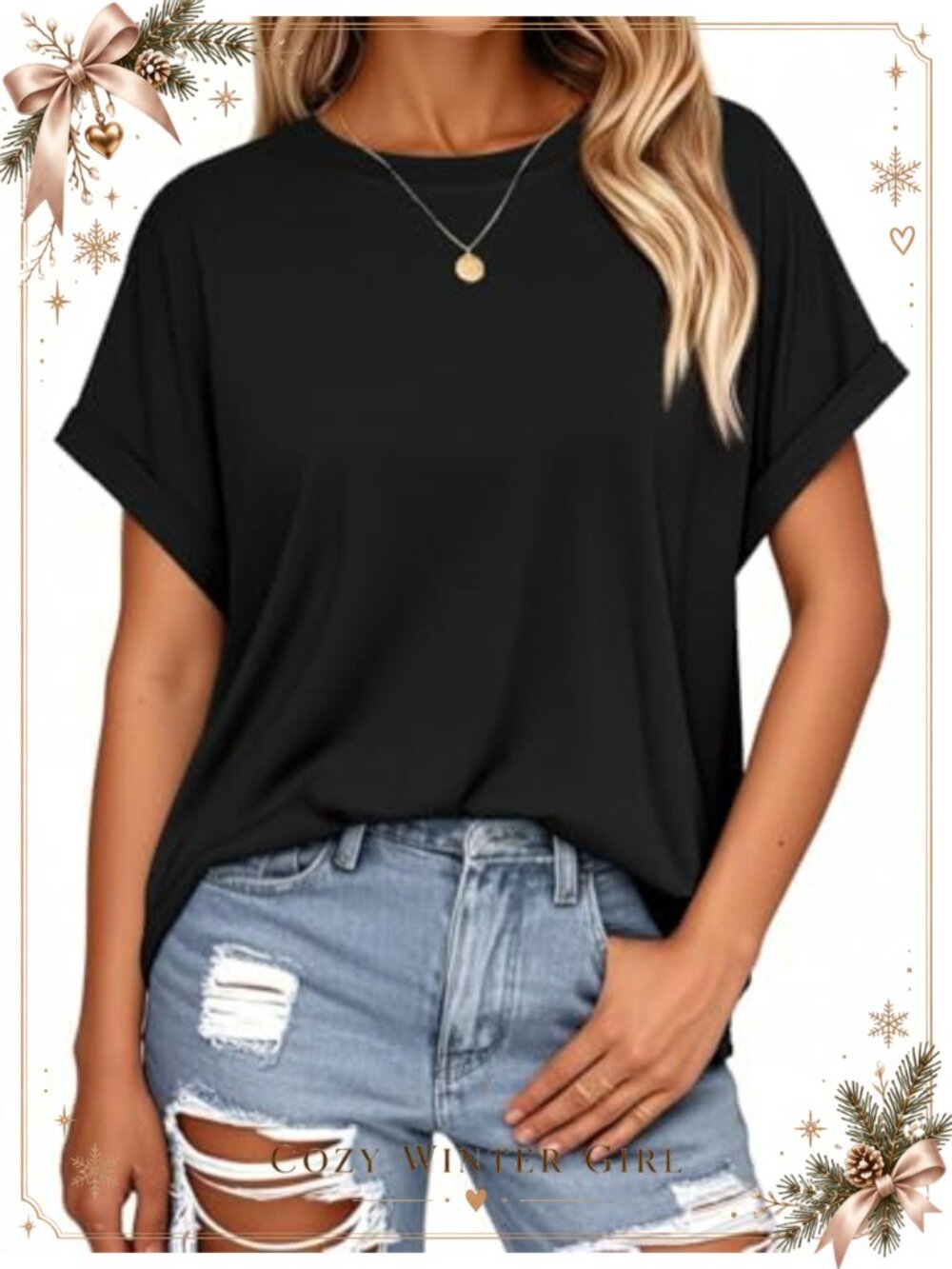 Oversized Short Rolled Sleeve T-Shirt Loose Fit Round Neck Casual Summer Top
